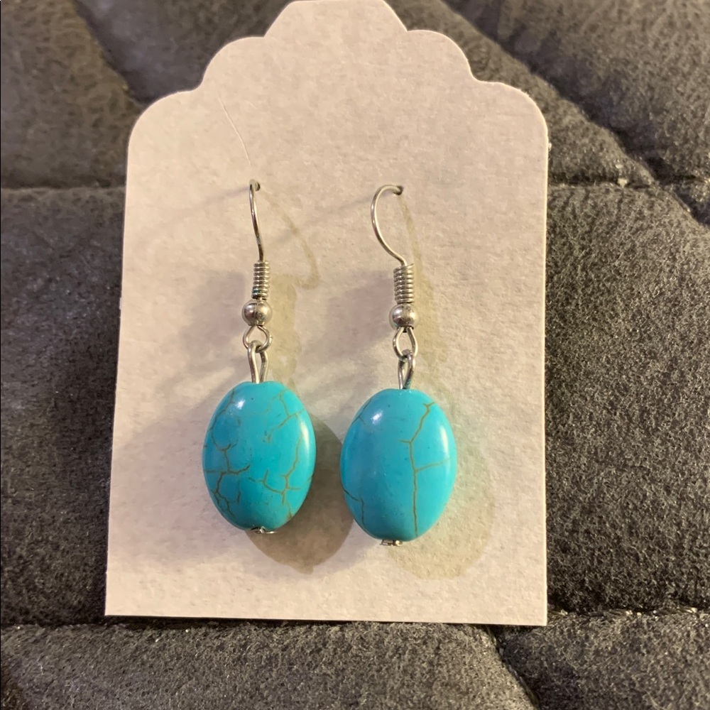 Simple Faux turquoise bead 1.5” dangly earrings w stainless wires - Picture 1 of 3